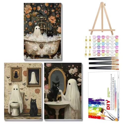 Mandun Halloween Paint by Numbers Kit for Adults, 3 Pack, 7.8x11.8 inch | DIY Painting Kits Crafts for Adults, Relieve Stress, Frame Canvas, Wooden Easel, Gift Box, Home Wall Decor - color: Halloween Ghost