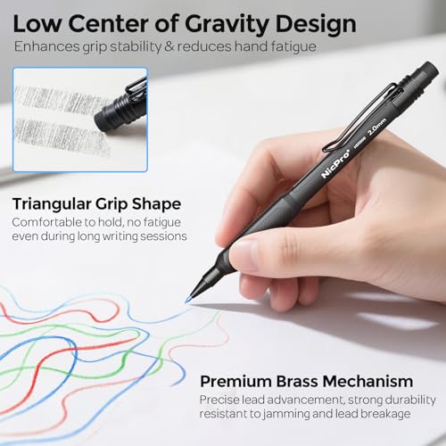 Nicpro 2.0 mm Mechanical Pencil Set, 3PCS Artist Lead Pencil Holder 2mm with 72PCS Lead Refills (4H 2H HB 2B 4B 6B Color) Eraser, Weatherproof Barrel for Outdoor Writing Drafting Drawing Sketching - style: 2.0mm(3 Pcs)