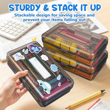 GAMENOTE Plastic Pencil Box with Personalized Sticker,Kid Hard Pencil Case with Snap-tight Lid,Small Art Craft Storage Containers,School Supplies Box for Boys,Girls (Grey) - color: Grey