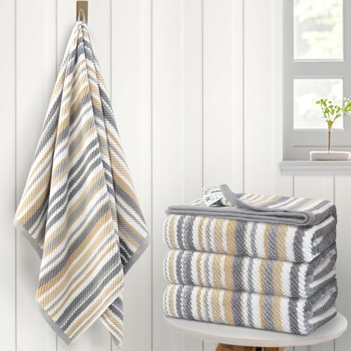 VOOVA & MOVAS Bath Towels 4 Pack, 100% Cotton, 28x52 in, Tan Gray Beige - color: Beige + Gray Striped, size: 4 PC Bath Towels (28"x52")