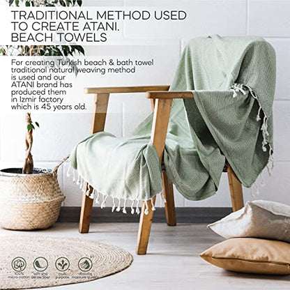 ATANI Turkish Beach Towel, Converts to a Bag, Oversized 100% Cotton Bath Towels Lightweight Quick-Dry Beach Blanket for Travel, Picnic, Camping, Yoga and Pool (Green + Bag, 35 inc x 69 inc) - color: Green + Bag, size: 35 inc x 69 inc