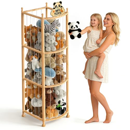 Stuffed Animal Storage Organizer, Wooden Toy Storage Organizer & Plush Storage Tower with Elastic Cords, Stuffed Animal Zoo for Kids Bedroom, Playroom & Nursery, Solid Pine, 15.7 x 15.7 x 53.5 In