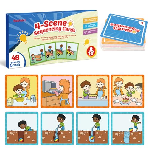 Kasfalci 4-Scene Sequence Board Game, Back to School Supplies, Sequencing Flash Cards, Speech Therapy Materials Sensory Toys for Kids with Autism, Preschool Learning Activity for Improve Storytelling - style: 4-Scene Sequencing Cards