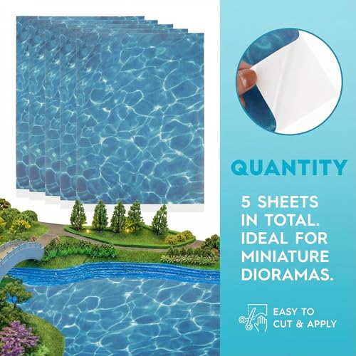 Garneck 5pcs Artificial Water Effect Sheet Self Adhesive - Fake Ocean Lake & River Scenery Effect Stream Pattern Sticker for Miniature Train Village Model Diorama Dollhouse Landscape DIY Decoration