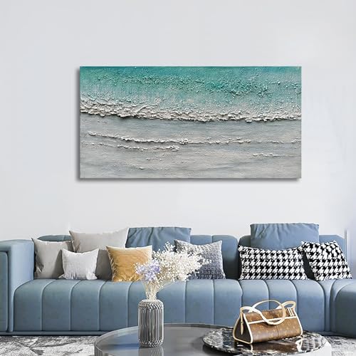 Art Hand-Painted Blue and White Ocean Landscape Oil Painting Modern Abstract Canvas Art Home Wall Decoration 24x48 inches - color: Dn170
