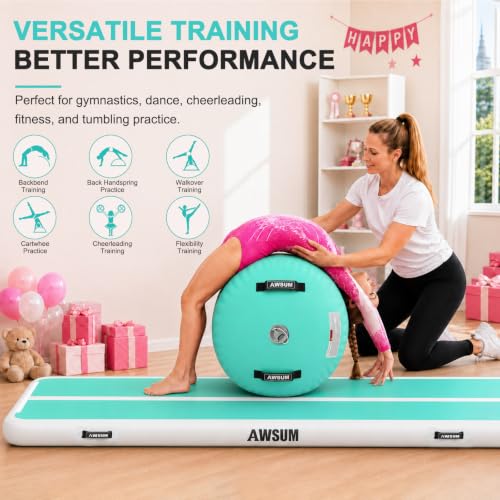 AWSUM Inflatable Gymnastics Mat with Air Roller Barrel Tumbling Equipment - color: Mint Green/White+Green/Black Roller, size: 10ft*3.3ft*4in&(L)40in*(Diam)23.6"