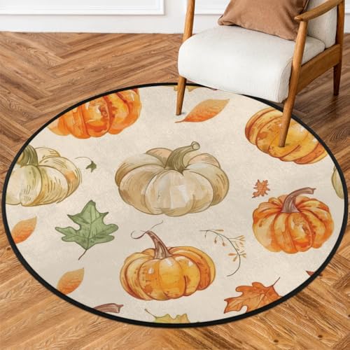 Autumn Pumpkin Leaves Round Area Rug 5Ft Thanksgiving Harvest Circle Carpet - color: Pumpkin Leaves, size: 5 ft