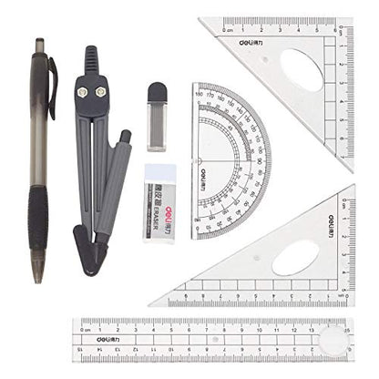 Honbay 8PCS Math Geometry Kit Set for Student and Engineering Drawing - Drawing Compass, 0.7mm Mechanical Pencil, 0.7mm Pencil Lead Refills, Eraser, Protractor, Rulers