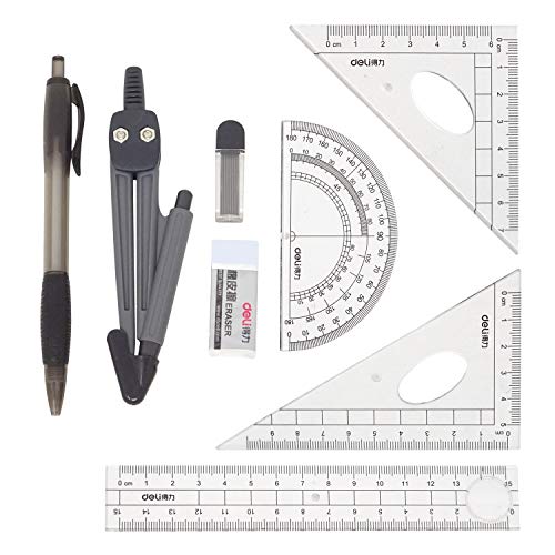 Honbay 8PCS Math Geometry Kit Set for Student and Engineering Drawing - Drawing Compass, 0.7mm Mechanical Pencil, 0.7mm Pencil Lead Refills, Eraser, Protractor, Rulers