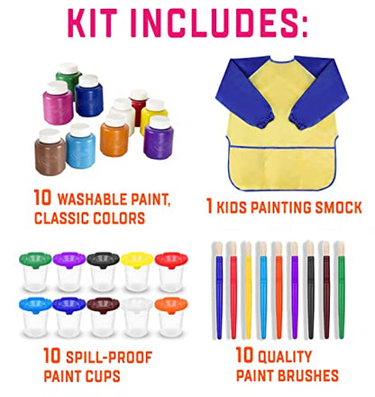 Kids Painting Set, 10 Count Washable Finger Paints for Toddlers Gift Bundle | Includes 10 Tempera Paints (2 oz EA), 10 Paint Cups, 10 Brushes, Art Smock Non-Toxic & Mess-Free Art Kit Spill Proof Paint