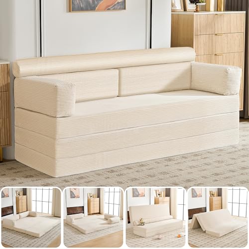 78" 5-in-1 Convertible Sofa Bed, Corduroy Tri-Fold Sleeper Couch, Beige | 30D high-resilience memory foam, soft corduroy fabric, 5-in-1 tri-folding design, for living room, bedroom, apartment - color: Beige