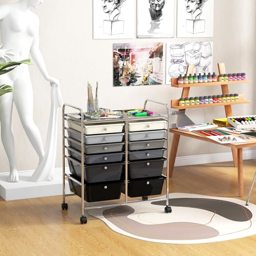 LDAILY 12 Drawer Rolling Storage Cart, Craft Cart Organizer on Wheels w/Metal Frame, Large Capacity & Smooth Drawer, Rolling Cart w/Drawers for Classroom, Office - color: Gradient Gray, size: 12 Drawer