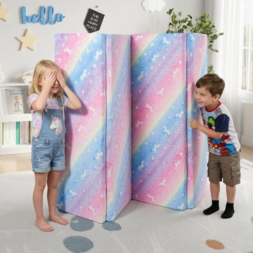MeMoreCool Kids Floor Mattress, 48x72 Inch Foldable Play Mat, Rainbow | Rainbow 4x6 ft foam tatami futon mat, foldable kids sleeping mat for playroom floor play pad - color: Rainbow Unicorn