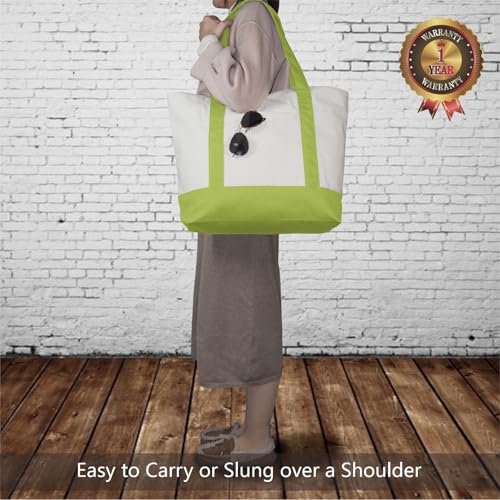 TOPDesign 1-Pack Canvas Tote Bag with an External Pocket, Reusable Grocery Shopping Bag, Top Zipper Closure, Daily Essentials (Light Green/Natural) - color: Light Green/Natural