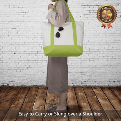 TOPDesign 1-Pack Canvas Tote Bag with an External Pocket, Reusable Grocery Shopping Bag, Top Zipper Closure, Daily Essentials (Light Green/Natural) - color: Light Green/Natural