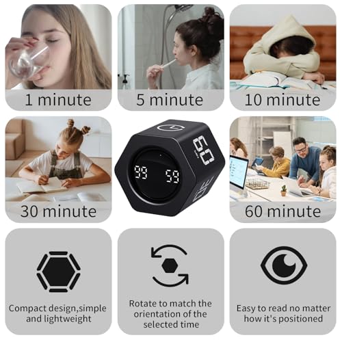 Productivity Timer Flip Gravity Sensor Cube Timer Countdown & Countup,Mute & Vibrate & Sound，5/10/30/60min & Custom Timing, Perfect for ADHD,Work,Learning,Kitchen Cooking (2, Black Hexagon) - color: Black*2 Hexagon