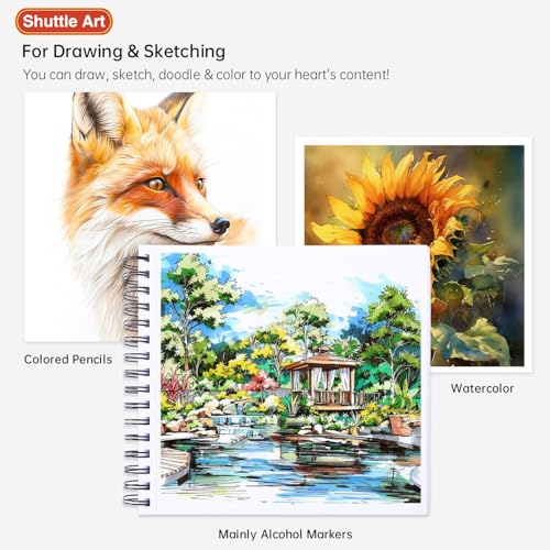 Shuttle Art Marker Pad, 8.3”x8.9” Portable Square Sketchbook, 80 Sheets Marker Drawing Paper, 110LB/180GSM Bleedproof Art Paper, Spiral-Bound, Great for Professional Artist to Draw, Paint & Sketch - size: 8.3x8.9 inch