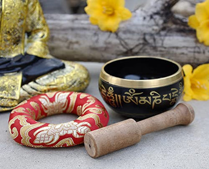 DharmaObjects Tibetan Meditation Om Mani Padme Hum Peace Singing Bowl With Mallet - color: Black, size: Small