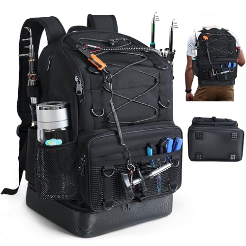 Fishing Backpack with Rod Holder, Heavy Duty Fishing Bag with Waterproof Bottom, Tackle Backpack Gifts for Man Woman-Black - color: Black