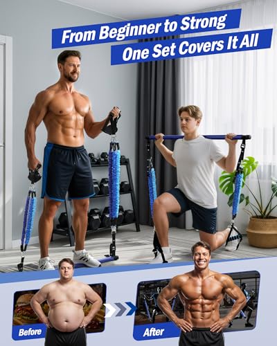 Upgraded Pilates Bar Kit with Resistance Bands Natural Latex for Women & Men, Heavy-Duty Stainless Steel Multifunctional Yoga Pilates Stick for Home Gym Exercise Fitness Equipment Full-Body Workouts - color: Blue