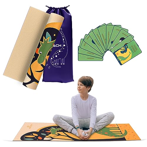 Kids Yoga Mat Set - Comfortable Dinosaur Kid Yoga Mat Boy with 12 Yoga Cards, Storage Bag, Beige Play Mat Thick for Gymnastics Mat, Exercise Mat, No-Toxic and Non-Slip for Ages 3-12 - color: Dinosaur