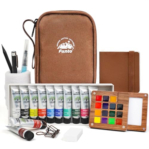 Funto Travel Watercolor Paint Set, All-in-One Premium Walnut Wood 15-Grid Pocket Kit with Refillable Paint Tubes, Crossbody Bag, Water Brush, Drawing Pencil & Sketchbook – Ideal for Serious Artists and Beginners - color: 15-Wood