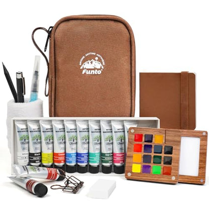 Funto Travel Watercolor Paint Set, All-in-One Premium Walnut Wood 15-Grid Pocket Kit with Refillable Paint Tubes, Crossbody Bag, Water Brush, Drawing Pencil & Sketchbook – Ideal for Serious Artists and Beginners - color: 15-Wood