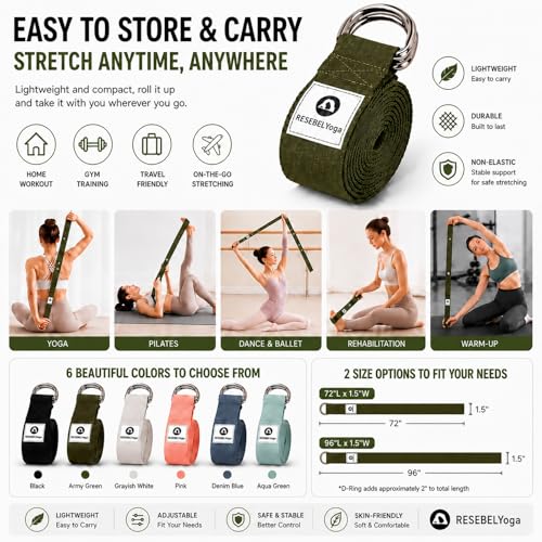 Yoga Strap for Stretching, Non-Elastic Yoga Belt with D-Ring - color: Army Green, size: 6Feet/1.8M