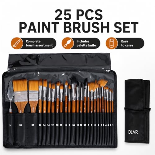 DJAR 25 Pcs Multi-Shape Nylon Paint Brush Set with Cloth Roll Bag | Professional Art Supplies for Acrylic, Oil, Watercolor & Gouache Painting, Craft Brush Kit for Beginners, Students and Adults