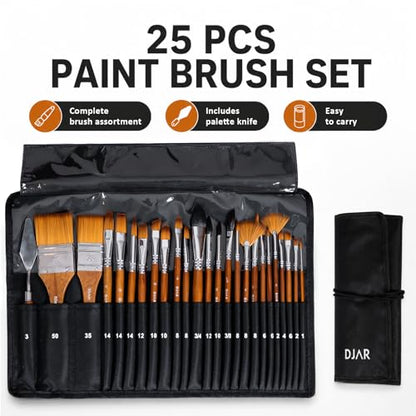 DJAR 25 Pcs Multi-Shape Nylon Paint Brush Set with Cloth Roll Bag | Professional Art Supplies for Acrylic, Oil, Watercolor & Gouache Painting, Craft Brush Kit for Beginners, Students and Adults