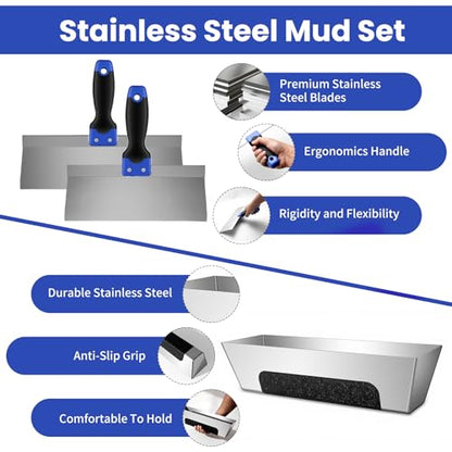 Drywall Hand Tools Kit, Drywall Knife Set with Putty Knives, Taping Knives, Aluminum Hawk, Mud Pan, Flat Finishing Trowel, Multi-Fuctional Paniter Scraper