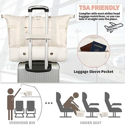 Travel Bag for Women, Sports Gym Duffel Bag, Weekender Overnight Bag with Wet Pocket and Shoes Compartment, Carry On Tote Bag Gym Yoga Duffel Bag for Men - color: Beige