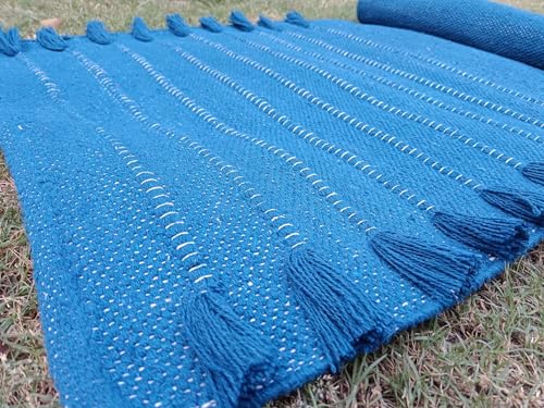 Jaipur art & Rugs Organic Cotton Yoga Mat - Eco-Friendly Hand-Woven Rug - Non Slip & Thick (24”x72”x5mm) for Everyday Fitness at Home - Comfortable Extra-Long - color: Blue 2