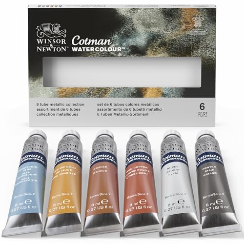 Winsor & Newton Cotman Watercolor Paint Set, 6 x 8ml Tube Metallic Colors | Introductory Watercolor made with Fine Art Pigments, Perfect for Beginners, Lightfast & Permanent, Good Tinting Strength - style: 6 Tube Set Metallic 8ml