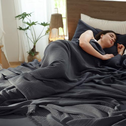 MooMee 100% Cotton Muslin Blanket Fringed 4-Layer Gauze Bed Throw, Queen - color: Dark Grey, size: Queen