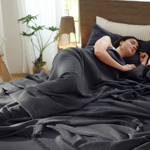 MooMee 100% Cotton Muslin Blanket, Fringed 4-Layer Gauze Bed Couch Throw - color: Dark Grey, size: Throw