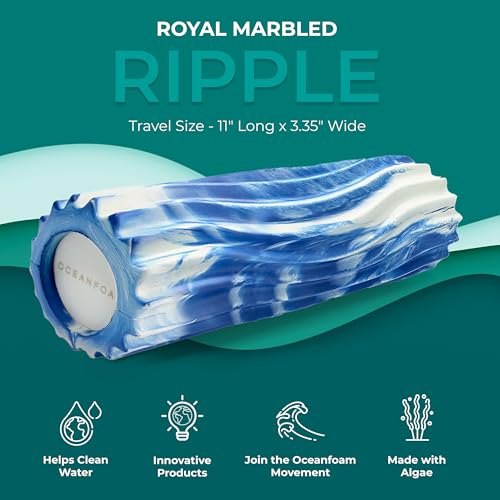 Oceanfoam Ripple Travel Foam Roller (11" x 3.35") Firm Mini Foam Roller for Physical Therapy, Deep Tissue Massage, Back Pain - High Density, Ergonomic Wave Textured - Yoga, Exercise (Royal Marbled) - color: Royal Marbled