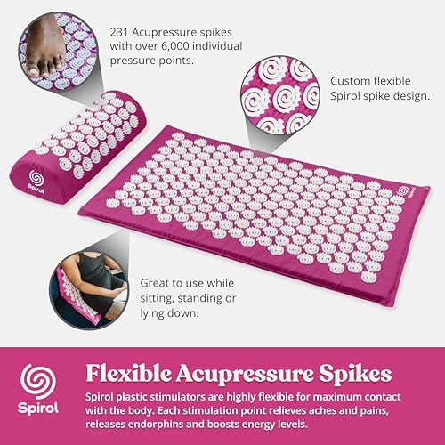 Spirol Acupressure Mat and Pillow Set for Back, Neck and Shoulder Pain Relief, with Flexible Acupressure Spikes, Includes Carry Bag (Amethyst) - color: Amethyst