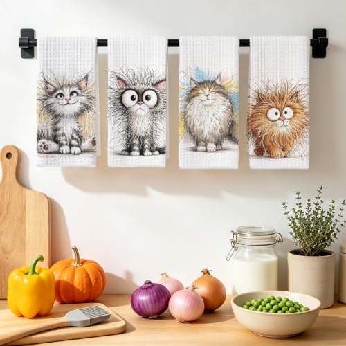 Jztco 4 Pcs Cute Cat Kitchen Towels, Funny Cats Gifts Hand Tea Towel - color: Multi 1562