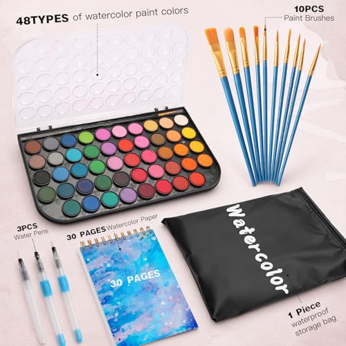 Watercolor Paint Set,48 Colors Watercolor Paint Gift Box 30Page Artist Paper-10 Brushes-Palette Travel Design Storage Bag,for Christmas Gifts Card Making,Artists Beginners,Kids Water Colors Paint Adult Set.