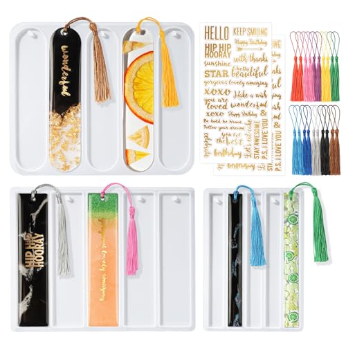 Bookmarks Resin Silicone Molds Kit with 2 Stickers, 20 Pcs Bookmark Tassels | Set of 3 Epoxy Resin Bookmark Molds Casting Molds for DIY book mark Craft Making