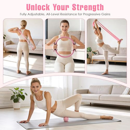 Pilates Kit, Pilates Equipment for Home Workouts, Home Pilates Essentials Kit for Women with Pilates Ring and Ball Set, Socks, Ankle Resistance Bands with Cuffs, Resistance Band and Massage Ball - color: Pink
