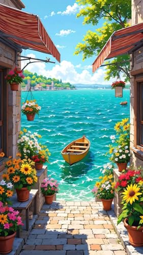 ARTGOTO Large Paint by Numbers for Adults Mediterranean Seaside Village | 15.7x27.5inch/40x70cm Paint by Number Kit on Canvas, Coastal Alley Acrylic Painting Set with Brushes & Instructions, No Frame - color: PBN062