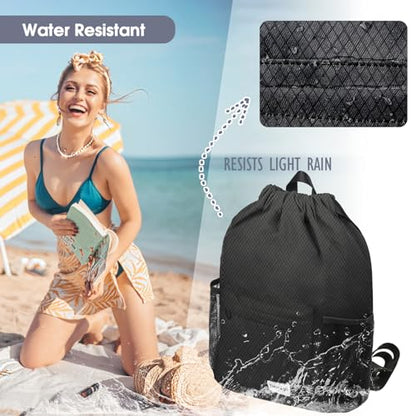 Waterproof Drawstring Backpack Sports Gym Sackpack with Mesh Pockets Water-Resistant String Cinch Beach Bag for Men Women - color: Solid - Black