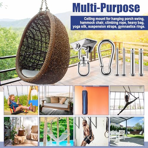 Tandefio 6 Sets of Robust Swing Hangers for Wooden Concrete Set with Hook Screw Bolt Washer 360 Swivel Stainless Steel Swingset Accessory for Porch Patio Yoga Indoor Outdoor, 2000 LB Capacity, Silver