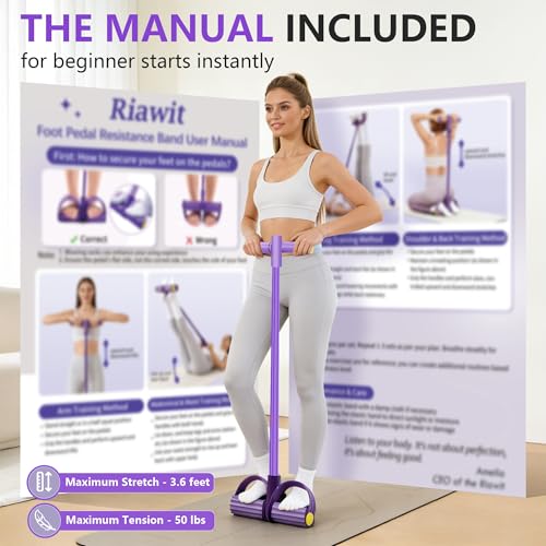 Pedal Resistance Band with Handle, 6-Tube Natural Rubber Exercise Bands - color: Purple