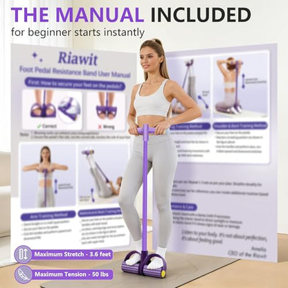 Pedal Resistance Band with Handle, 6-Tube Natural Rubber Exercise Bands - color: Purple