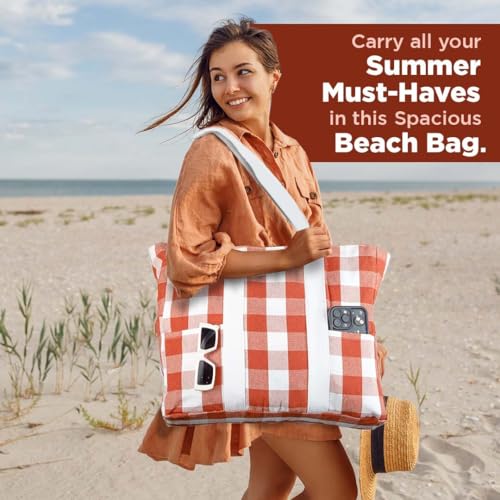 Folkulture Beach Tote Bags For Women, Beach Must Haves 2026-18x15 Inch | Waterproof,Sandproof, Large Tote Bags for Women, Swimming Pool, Beach Essentials, Simple Modern Pool Bag, Bolsos Para Mujeres - color: Rust - Checkered