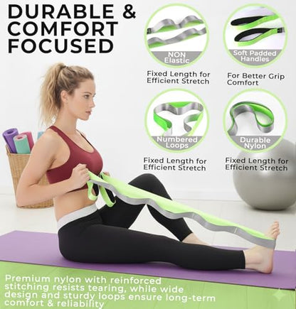 TAVIEW Yoga Strap for Stretching – Stretch Band with 12 Loops –Multi-Grip Pilates Hamstring Stretcher Belt – Physical Therapy Equipment for Best Flexibility - color: Green & Black
