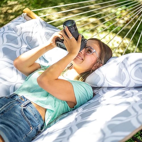 Large Hammock with 12FT Stand, Two Person Hammock Gray Ripples | Heavy Duty Hammock with Curved Spreader Bars, Pillow, Safety Ropes and Portable Carring Bag, Two Person Hammock, Max 450 Lbs - color: Gray Ripples